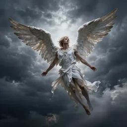 fallen archangel striking from the heavens, dark cloudy sky with thunder, dramatic light