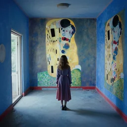 a girl in a blue and red haunted liminal abandoned room, film still by edward hopper, by Pontormo, by klimt, art noveau, highly detailed, strong lights, liminal, eerie, Bright pastel colors