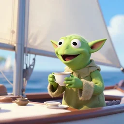 kermit and yoda having tea on a sailboat, digital art artstation trending