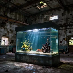 national geographic photo of aquarium in dimly lit abandoned industrial room