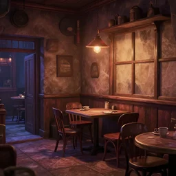 a quiet cafe with no people in the style of Grim Fandango