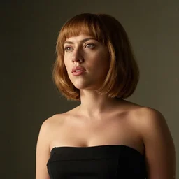 a beautiful medium - shot of scarlett johansson looking into the distance, in the style of the ghost in the shell, beautiful face, beautiful body, beautiful light failling on her face, chin - length bob with bangs haircut, by annie leibowitz