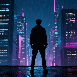 one man silhouette standing in front of a cyberperunk city, neon lights, night, rain, very beautiful, trending on deviantart,
