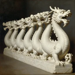 a line of detailed white stone dragon statures lined up, oil paint, classic art, 1 6 century style, volume light