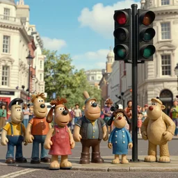 a crowd of wallace from wallace and gromit staring waiting at the traffic light in london