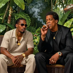 Nasir bin Olu Dara Jones sitting next to JayZ in a lush singaporean garden smoking a cigar, cigar smoke, luxurious, octane render, smooth, sharp focus, illustration, by WLOP and Mandy Jurgens and William-Adolphe Bouguereau