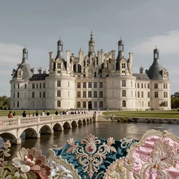 an elaborate modern futuristic architecture castle along a river. people on a bridge. mixed media collage, victorian baroque embroidery rich fabric textures, shiny pastel tones. matte background. HD 8x