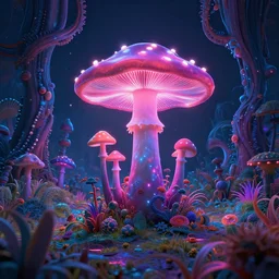 A strange landscape, neon mushrooms, detailled, strange unknown plants, neon particles, non-euclidieuian world.