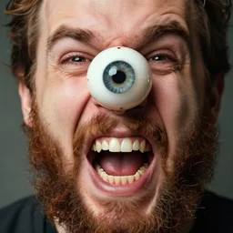 screaming face with a big eyeball and weird beard and funny pimple face and no teeth, toothless!!!!!!!