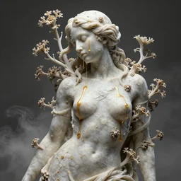 a sculpture of a person with flowing golden tears, fractal plants and fractal flowers on the skin, intricate, veins, a marble sculpture by nicola samori, behance, neo - expressionism, marble sculpture, apocalypse art, made of mist, octan render