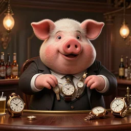 wealthy pig, in a suite, with old style watches, buying beers in the British bar, cartoon, rendering, ray tracing, high details, 8K, unreal engine