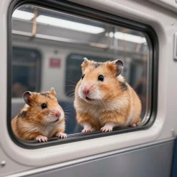 photo of a hamster inside a metro train, looking out of a window, various poses, unedited, soft light, sharp focus, 8 k