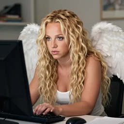 young britney spears look alike with extremely long blonde voluminous curly hair sitting at a computer, with an angel sitting on her shoulder, anxiously