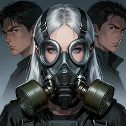 girl silver hair, multicam, gas mask, illustration by Yoji Shinkawa and Krenz Cushart, cinematic portrait
