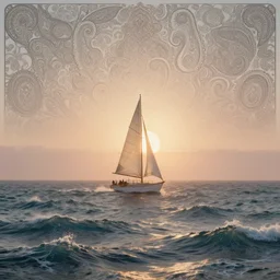 [ palate ] [ muted colors ] ethereal sun on the horizon, psychedelic ocean waves, sailboat in rough seas, paisley skies, backlit, sunrise, refracted lighting, outdoors, paisley patterned clouds in the sky, elegant, 8 k resolution, intricate and fine details, award wining composition, photorealistic illustration, artstation, krenz cushart, alphonse mucha