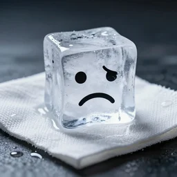 an ice cube with an overtly sad face crying over a wet rag