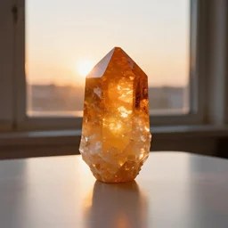 a giant orange and yellow crystal on a white table near a window at sunset, hyperrealistic, highly detailed, high qualit, 8K, godrays, warm lighting, path traced, high coherence, calm, macro photo, symmetrical, photorealistic, low contrast, serene landscape, beautiful, geometric