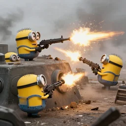 minions firing a minigun from a pillbox, debris and dirt flying from recoil, smoke, war photography