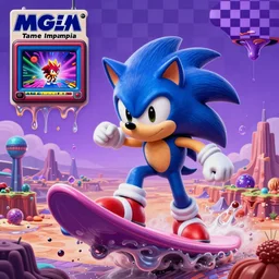 sonic the hedgehog in a recursive surreal, sharp, detailed professional, high quality airbrush art MGMT tame impala album cover of a liquid dissolving synthwave vaporwave LSD DMT blue sonic the hedgehog surfing through terragen landscape, purple checkerboard plane, 1990s 1992 Sega Genesis video game album cover,
