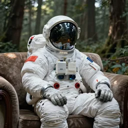 astronaut sitting on a couch in the forest