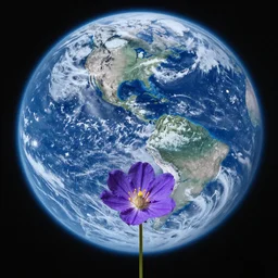 A purple flower blooms on the moon with the blue Earth in the background, wide-angle lens