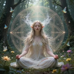 elven princess meditating in forest, magical flowers, surrounded by fairies, beautiful face, wisps, surreal, surrealist art, photo, trending on artstation, ultra detailed, intricate, sacred geometry, serene, beautiful, photo, realistic, perfect, smooth, light shafts, light diffusion, chromatic aberration, moebius, by moebius, peter mohrbacher, eye contact, symmetry, magical princess