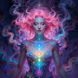 psychedelic [ chemiluminescence ] elegant woman chakra spirit with pink hair smoke and fluid dynamics, colorful, psychedelic, ornate, intricate, digital painting, concept art, smooth, sharp focus, illustration, blacklight reacting, art by artgerm and greg rutkowski