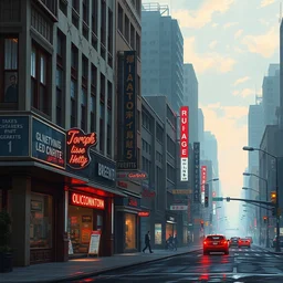realistic streetview, retro futuristic suburban scene, brutal architecture, straight edged buildings, street signs, detailed shop facades, neon signs, video screens, traffic lights, street lights, pedestrians, jodhpurs greg manchess painting by sargent and leyendecker, cyberpunk 2 0 7 7 concept intricate elegant illustration forza, by greg rutkowski by greg tocchini by james gilleard