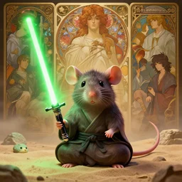 highly detailed portrait of a cute rat as a jedi meditating in the sand, green lightsaber floating, stephen bliss, unreal engine, fantasy art by greg rutkowski, loish, rhads, ferdinand knab, makoto shinkai and lois van baarle, ilya kuvshinov, rossdraws, tom bagshaw, alphonse mucha, global illumination, radiant light, detailed and intricate environment