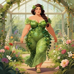 a stunning vector portrait of a thicc and voluptuous princess jasmine dressed as a beautiful poison ivy with hair tied in a braid walking through a flowering garden, greenhouse in the background, intricate, elegant, highly detailed, digital painting, artstation, concept art, ultra sharp focus, illustration, art by jugendstil and greg rutkowski and alphonse mucha