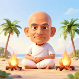 big head gandhi at the beach, sitting on the sand next to a campfire, with palm trees in the back, concept artwork, 3 d render, official art, promotional art, beautifully backlit, vibrant colour lines, detailed skin, art by wlop and artgerm, ilya kuvshinov katsuhiro villeneuve, jeremy lipkin and michael garmash and rob rey, by tristan eaton, stanley artgermm, tom bagshaw, greg rutkowski, carne griffiths