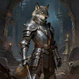 a wolf fursona anthro thief with medieval guard armor is exploring the grimdark dungeon depths posing for the camera. trending on artstation and pixiv. a vibrant digital oil painting. a highly detailed fantasy character illustration by wayne reynolds and charles monet and gustave dore and carl critchlow and bram sels