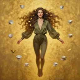 epic painting drawing, full figure portrait of beautiful supermodel wearing olive blouse, long wavy hair with golden tea leaf, levitating, flying teacups, photography by amy leibowitz, wlop, jeremy lipkin, beeple, intricate, symmetrical front portrait, artgerm, golden glowing background