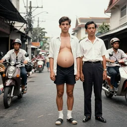 Full-length portrait of a handsome young pregnant male on the streets of Bangkok, historically reliable photo chronicle, 1975, ultra detailed digital art, octane render, 4K, by John William Waterhouse and Edwin Longsden Long and Theodore Ralli and Nasreddine Dinet