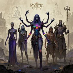 concept art for a video game called mystic unity, illustrative visionary characters, dark psychedelic magicians, elongated arms and rainbow cuber augmentations, barbarian buddhas in epic schematic landscap