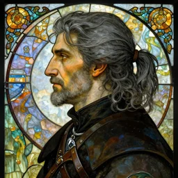 detailed side - view portrait of vesemir, a very old witcher, dark grey hair, half ponytail, no beard, small mustache, stained glass art, by alphonse mucha, masterful