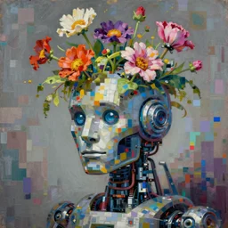 a painting by thomas cole of a robot head with flowers growing out, highly detailed, color bleeding, pixel sorting, brushstrokes by jeremy mann