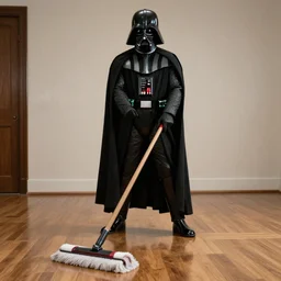 a photo of darth vader mopping the wooden floor