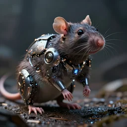 Cybernetic rat with glowing metallic armor, photorealistic, unreal engine, detailed