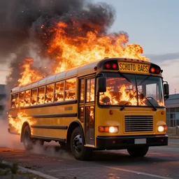 a beautiful hyperrealistic detailed 3D render of a burning school bus, by Anton Otto Fischer, Atey Ghailan, genzoman, unreal engine, octane render, gigantic, 3D, brilliantly coloured, intricate, ultra wide angle, trending on artstation, embers, smoke, dust, dusk, volumetric lighting, HDR, polished, micro details, ray tracing, 8k