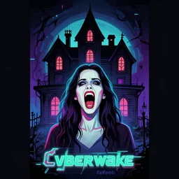 a movie poster, 1980, cyberwave, vector art, horror movie staring miranda kerr screaming, haunted house themed, by synthwave cyberwave