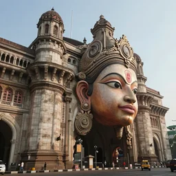 high quality photo sci - fi neoclassical mumbai, kalighat hanuman!! head building, highly detailed, cinematic smooth unreal engine, berenice abbott, hard morning light, long shot, low angle, uhd 8 k, sharp focus