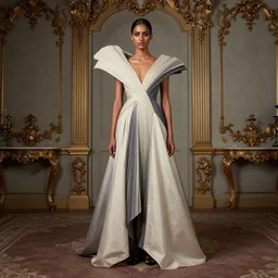 beautiful avant garde fashion photograph of Indian model, weating dress designed by Yohji Yamamoto, shot by Tim Walker in a detailed rococo style set designed studio, detailed art direction, full body portrait