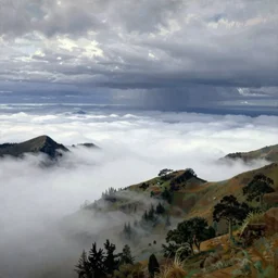 painting by sargent and leyendecker and greg hildebrandt savrasov levitan gorgeous fantasy landscape above the layered low clouds on madeira faroe azores iceland black coast overcast storm wide angle view from above masterpiece