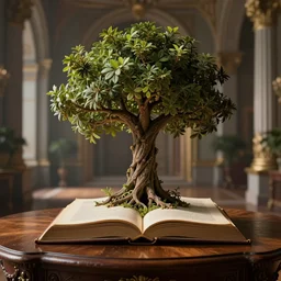 tree of life growing out of a book, on a wooden table, inside a palace, rim light, extremely detailed, masterpiece, artstation, cinematic lighting, photographic, by greg rutkowski and alphonse mucha, wolp, horizon zero dawn