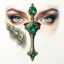 shamshir of zektbach, baroque, night, emerald, 4 k, ultra realistic, beautiful eyes, epic lighting, machines, high detail, masterpiece, trending on artstation by artgerm and akihito tsukushi and alphonse mucha, crayons