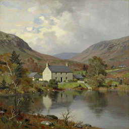 cottage next to a lake in the scottish highlands. painting by caspar david friedrich.