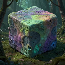 a huge indeterminate color alien cube with a strange texture from nanotechnology, forgotten and lost in the forest, detailed digital art by greg rutkowski.