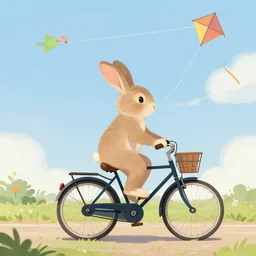a humanoid rabbit riding a bicycle while flying a kite, digital painting