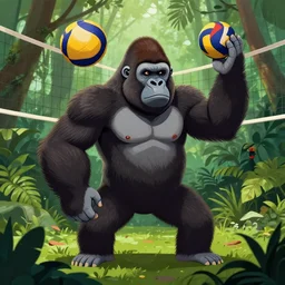 a gorilla holding a volleyball and playing volleyball in a jungle, volleyball net, digital illustration, in the style of artgerm, high detail